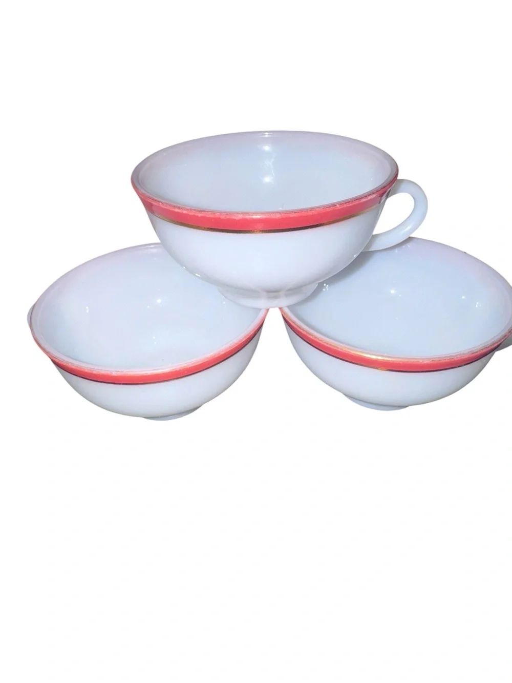 Vintage White Teacups Coral Red & Gold Trim Set of 3